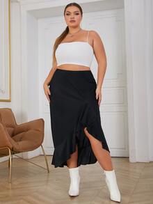 Eilly Bazar Váy Plus Size Bất đối xứng Viên lá sen màu trơn Thanh lịch - màu đen - Xem 6
