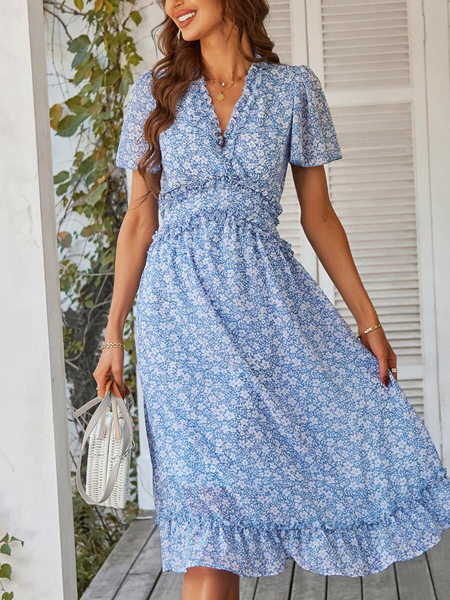 BTFBM Ditsy Floral Print Frill Trim Ruffle Hem Dress - Blue and White - View 1