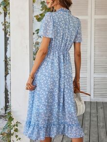 BTFBM Ditsy Floral Print Frill Trim Ruffle Hem Dress - Blue and White - View 2