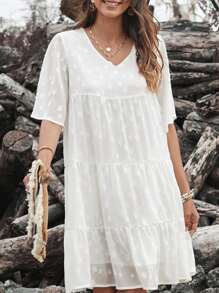 BTFBM Vestido smock con estampado de estrella bajo con fruncido - Blanco - Ver 5