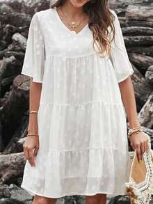 BTFBM Vestido smock con estampado de estrella bajo con fruncido - Blanco - Ver 4