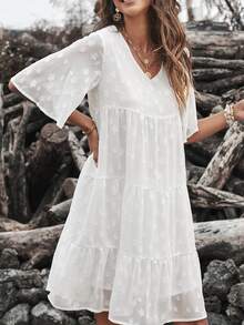 BTFBM Vestido smock con estampado de estrella bajo con fruncido - Blanco - Ver 3