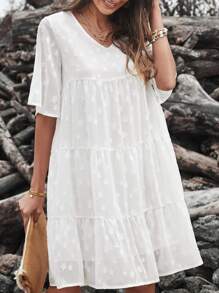 BTFBM Vestido smock con estampado de estrella bajo con fruncido - Blanco - Ver 1
