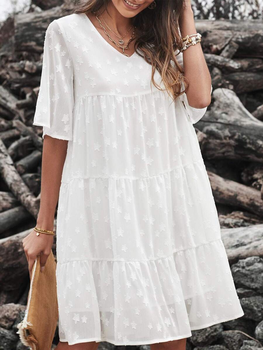 BTFBM Vestido smock con estampado de estrella bajo con fruncido - Blanco - Ver 1