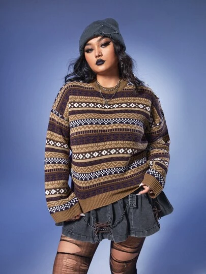 ROMWE Academia Plus Geo Pattern Drop Shoulder Sweater