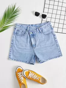 SHEIN EZwear 素色階梯式腰直筒牛仔短褲 - 淺色水洗藍 - 查看 1