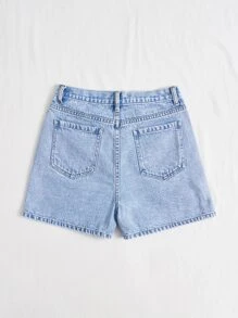 SHEIN EZwear 素色階梯式腰直筒牛仔短褲 - 淺色水洗藍 - 查看 2