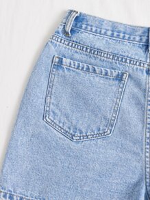 SHEIN EZwear 素色階梯式腰直筒牛仔短褲 - 淺色水洗藍 - 查看 3