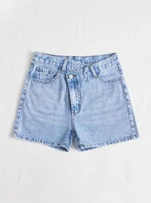 SHEIN EZwear 素色階梯式腰直筒牛仔短褲 - 淺色水洗藍 - 查看 4