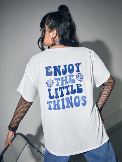 Street Life تي شيرت منخفض الاكتاف شعار و بطباعة وجة رسوم كارتون مقاس كبير