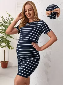 SHEIN Maternity Striped Print Nursing Dress - Navy Blue - View 1