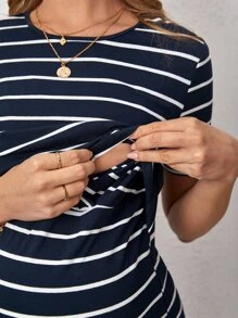 SHEIN Maternity Striped Print Nursing Dress - Navy Blue - View 5