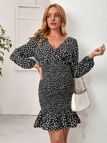 SHEIN Maternity Dalmatian Print Ruffle Hem Dress - Black and White - View 3
