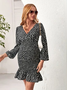 SHEIN Maternity Dalmatian Print Ruffle Hem Dress - Black and White - View 5