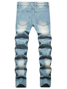 Men Cotton Bear & Letter Patched Ripped Slim Straight Jeans - Light Wash - View 2