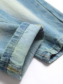 Men Cotton Bear & Letter Patched Ripped Slim Straight Jeans - Light Wash - View 3