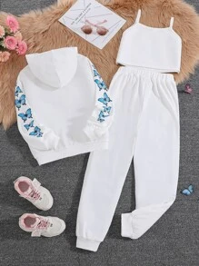 SHEIN Top De Cami Con Estampado De Mariposa Y Pantalones De Sudadera Y Sudadera Con Capucha Para Niña Preadolescente - Blanco - Ver 2