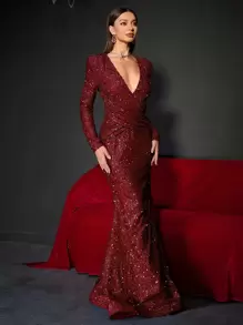 深V領亮片及地正式連衣裙 - 酒紅色 - 查看 6