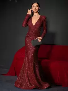 深V領亮片及地正式連衣裙 - 酒紅色 - 查看 7