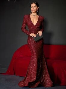 深V領亮片及地正式連衣裙 - 酒紅色 - 查看 8