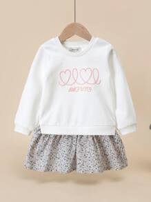 Niñas Vestido 2 en 1 con estampado floral y letra bajo con fruncido - Blanco - Ver 1