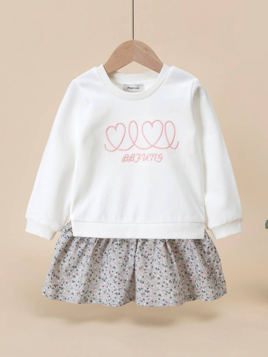 Niñas Vestido 2 en 1 con estampado floral y letra bajo con fruncido - Blanco - Ver 1