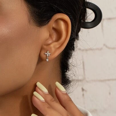 1入組方晶鋯石裝飾耳釘銅首飾類