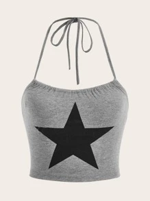 SHEIN EZwear Plus Star Print Crop Halter Top - Light Grey - View 1