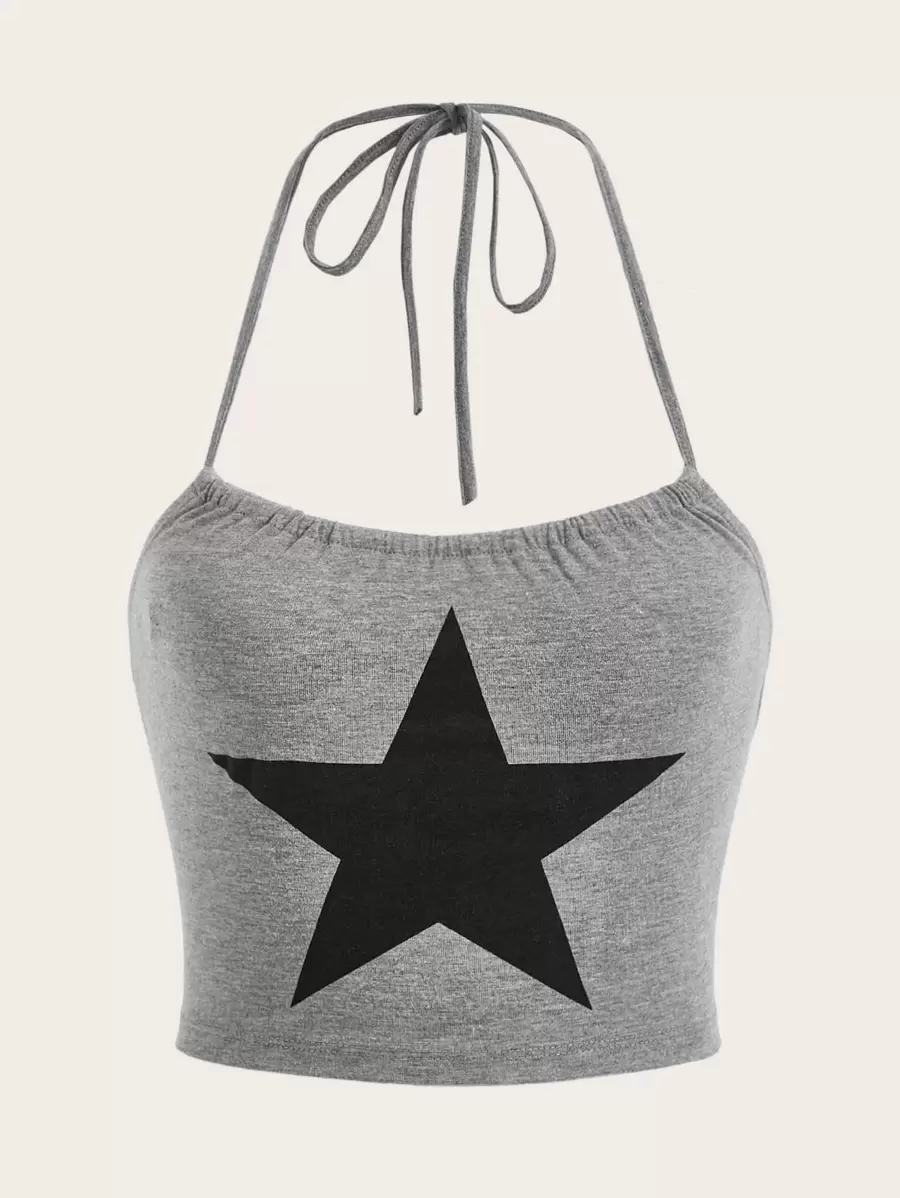 SHEIN EZwear Plus Star Print Crop Halter Top - Light Grey - View 1
