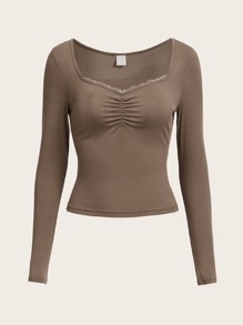 ROMWE 素色褶邊羅紋T恤 - 摩卡棕 - 查看 5