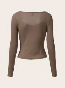 ROMWE 素色褶邊羅紋T恤 - 摩卡棕 - 查看 2