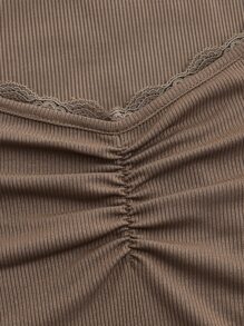 ROMWE 素色褶邊羅紋T恤 - 摩卡棕 - 查看 3