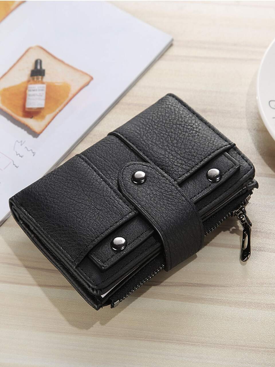 Vintage Women's Short Multi-Card Black Coin With Buckle & Rivets Gift Bag Present For Men Wallet Purse Wallet Small Wallet Men Wallet Leather