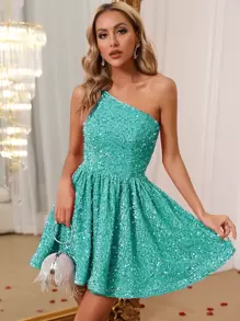 Sleeveless Shiny Sequin A-Line Mini Party Dress, Suitable For Summer Evening Events - Mint Blue - View 6
