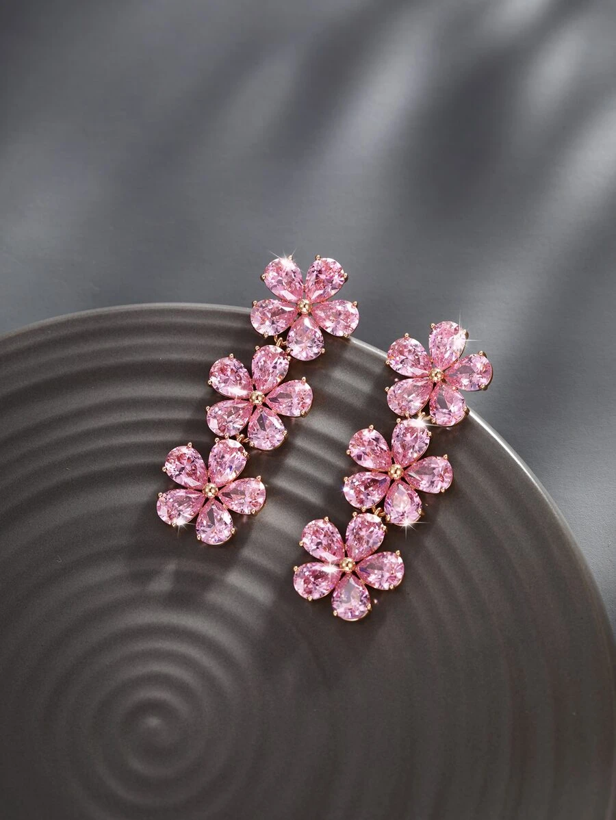 Hoa tai thả hoa rhinestone - Hồng - Xem 1