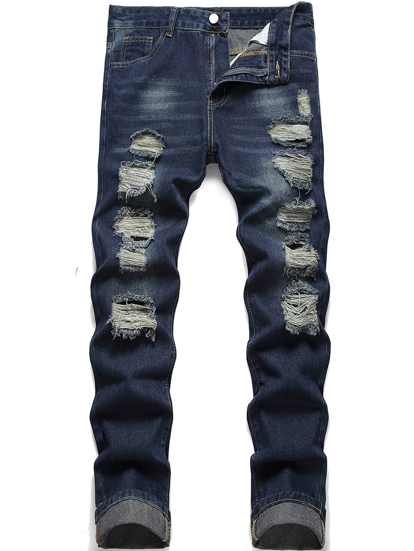 Men Ripped Frayed Cat Scratch Skinny Jeans - Dark Wash - View 1