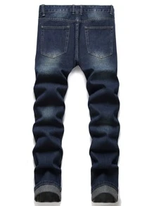 Men Ripped Frayed Cat Scratch Skinny Jeans - Dark Wash - View 2