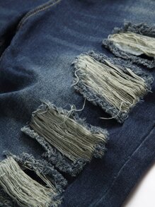 Men Ripped Frayed Cat Scratch Skinny Jeans - Dark Wash - View 6