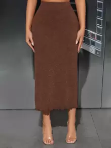 SHEIN PETITE High Waist Lettuce Trim Pencil Skirt - Coffee Brown - View 4