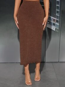 SHEIN PETITE High Waist Lettuce Trim Pencil Skirt - Coffee Brown - View 5