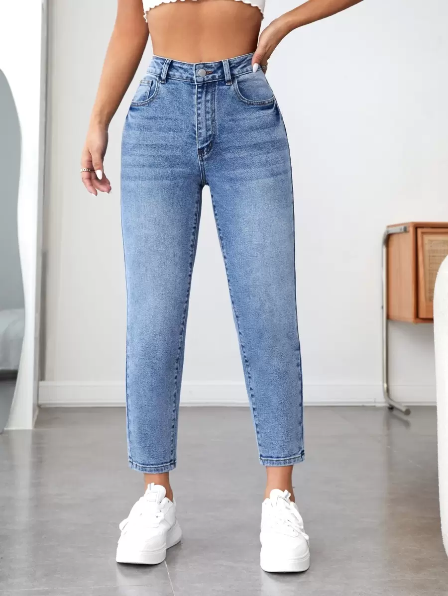 SHEIN PETITE High Waist Mom Fit Jeans Boyfriend Jeans - Light Wash - View 1