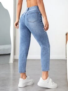 SHEIN PETITE High Waist Mom Fit Jeans Boyfriend Jeans - Light Wash - View 2