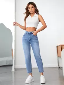 SHEIN PETITE High Waist Mom Fit Jeans Boyfriend Jeans - Light Wash - View 3