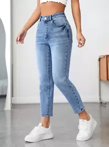 SHEIN PETITE High Waist Mom Fit Jeans Boyfriend Jeans - Light Wash - View 4