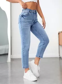SHEIN PETITE High Waist Mom Fit Jeans Boyfriend Jeans - Light Wash - View 5