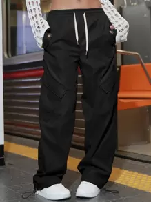 Quần nữ Nút Dây kéo Túi màu trơn Giải trí - màu đen - Xem 1