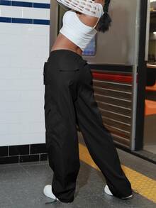 Quần nữ Nút Dây kéo Túi màu trơn Giải trí - màu đen - Xem 2