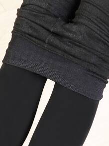 600D Solid Plush Lined Tights - Black - View 2