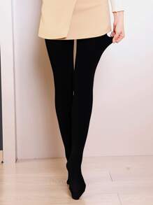 600D Solid Plush Lined Tights - Black - View 3