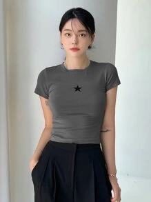 DAZY 星星印花短款T恤 - 深灰色 - 查看 3